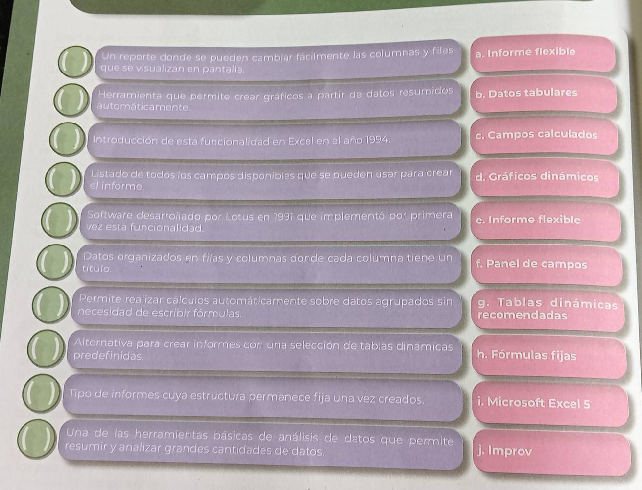 Un reporte donde se pueden cambiar fácilmente las columnas y filas a. Informe flexible
que se visualizan en pantalla.
Herramienta que permite crear gráficos a partir de datos resumidos b. Datos tabulares
automáticamente.
Introducción de esta funcionalidad en Excel en el año 1994. c. Campos calculados
Listado de todos los campos disponibles que se pueden usar para crear d. Gráficos dinámicos
el informe.
Software desarrollado por Lotus en 1991 que implementó por primera
vez esta funcionalidad. e. Informe flexible
Datos organizados en filas y columnas donde cada columna tiene un f. Panel de campos
título.
Permite realizar cálculos automáticamente sobre datos agrupados sin g. Tablas dinámicas
necesidad de escribir fórmulas. recomendadas
Alternativa para crear informes con una selección de tablas dinámicas
predefinidas. h. Fórmulas fijas
Tipo de informes cuya estructura permanece fija una vez creados. i. Microsoft Excel 5
Una de las herramientas básicas de análisis de datos que permite
resumir y analizar grandes cantidades de datos. j. Improv