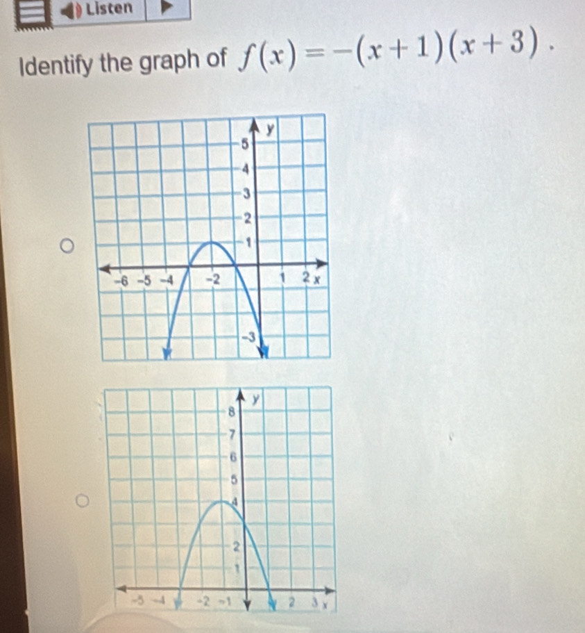 Listen 
Identify the graph of f(x)=-(x+1)(x+3).