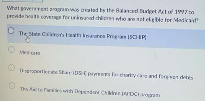 Solved: What government program was created by the Balanced Budget Act ...