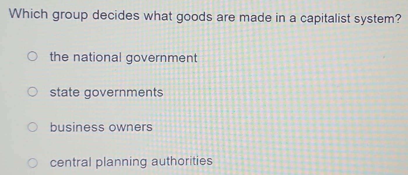 Which group decides what goods are made in a capitalist system?
the national government
state governments
business owners
central planning authorities