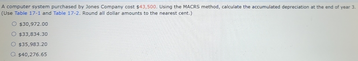 A computer system purchased by Jones Company cost $43,500. Using the MACRS method, calculate the accumulated depreciation at the end of year 3.
(Use Table 17-1 and Table 17-2. Round all dollar amounts to the nearest cent.)
$30,972.00
$33,834.30
$35,983.20
$40,276.65