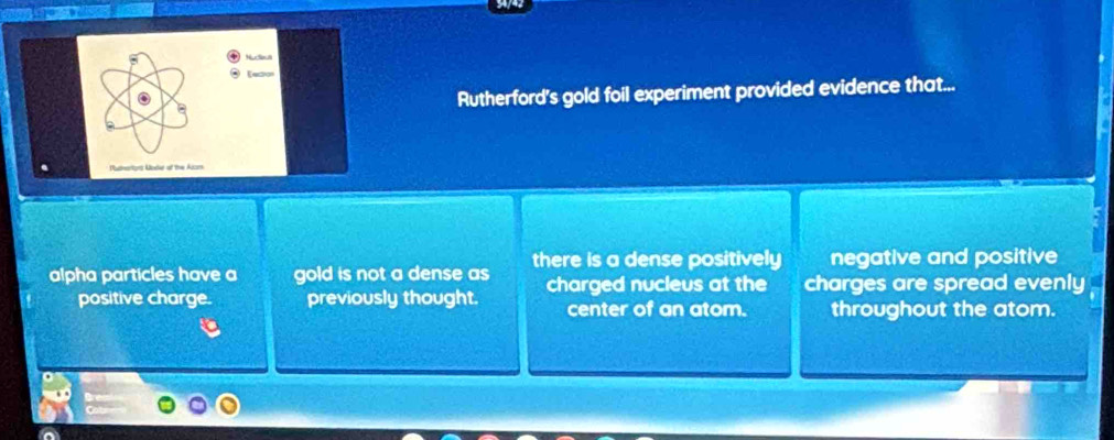 Nuctaut
[4201
Rutherford's gold foil experiment provided evidence that...
Puthertyns Moder of the Aices
alpha particles have a gold is not a dense as there is a dense positively negative and positive
positive charge. previously thought. charged nucleus at the charges are spread evenly
center of an atom. throughout the atom.