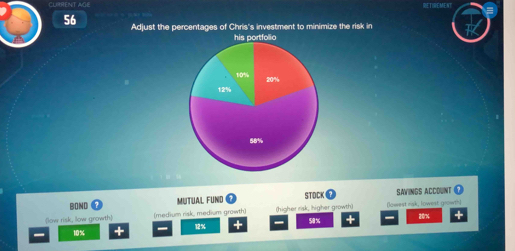 Adjust the percentages of Chris's investment to minimize the risk in 
MUTUAL FUND STDCK SAVINGS ACCOUNT O 
(low risk, llow growth) (medium risk, medium growth) (higher risk, higher growth) 585 + (lowest risk, lowest growth) 20% +
10% + 12%