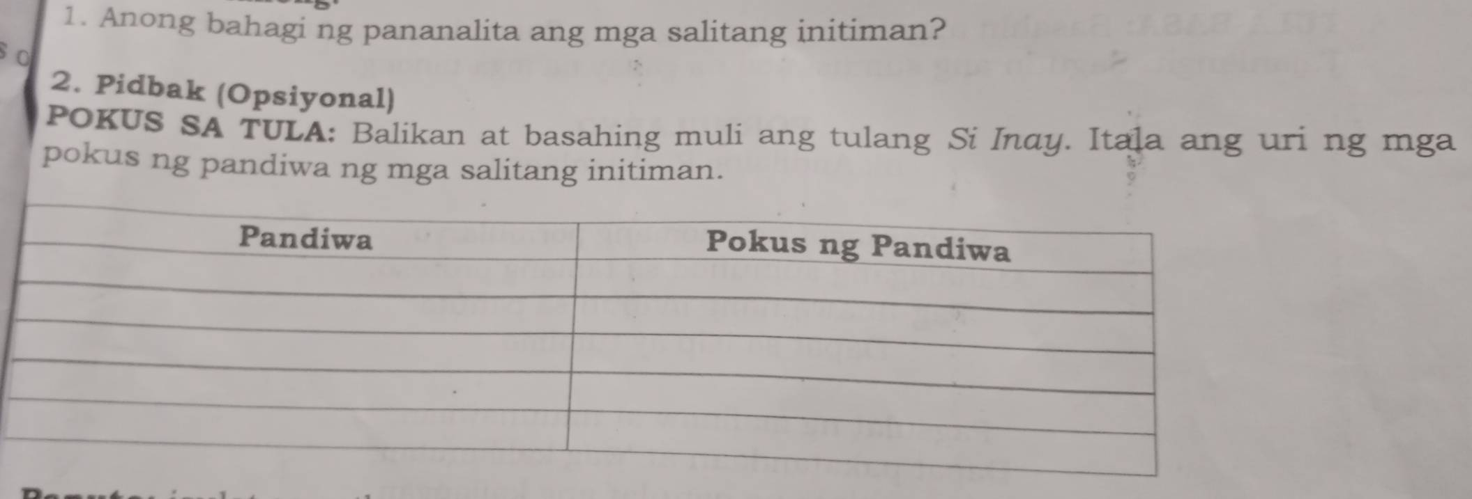 Solved: Anong bahagi ng pananalita ang mga salitang initiman? s 0 2 ...