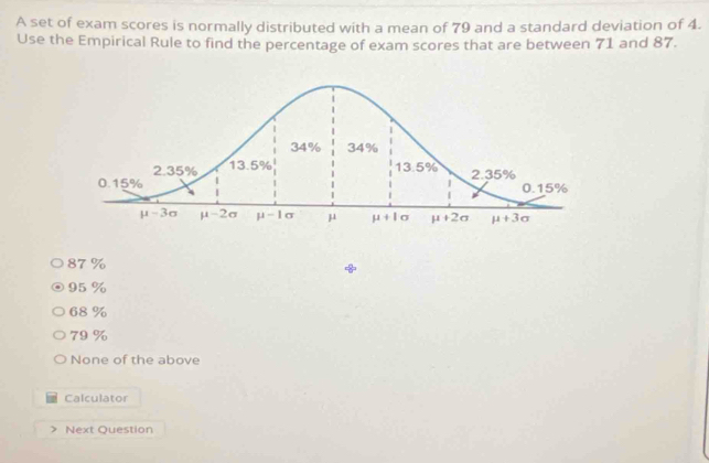 A set of exam scores is normally distributed with a mean of 79 and a standard deviation of 4.
Use the Empirical Rule to find the percentage of exam scores that are between 71 and 87.
87 %
95 %
68 %
79 %
None of the above
Calculator
Next Question