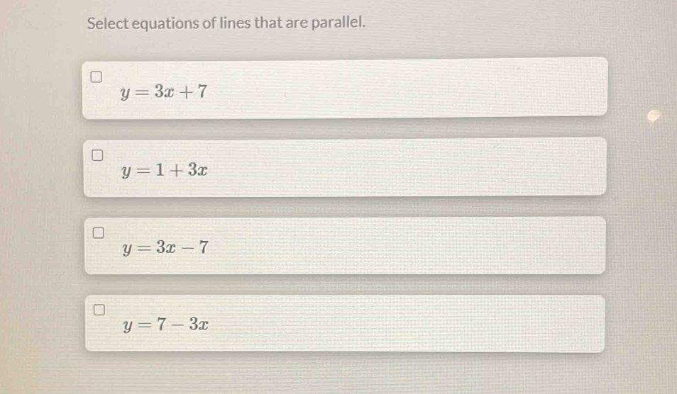 solved-select-equations-of-lines-that-are-parallel-y-3x-7-y-1-3x-y-3x