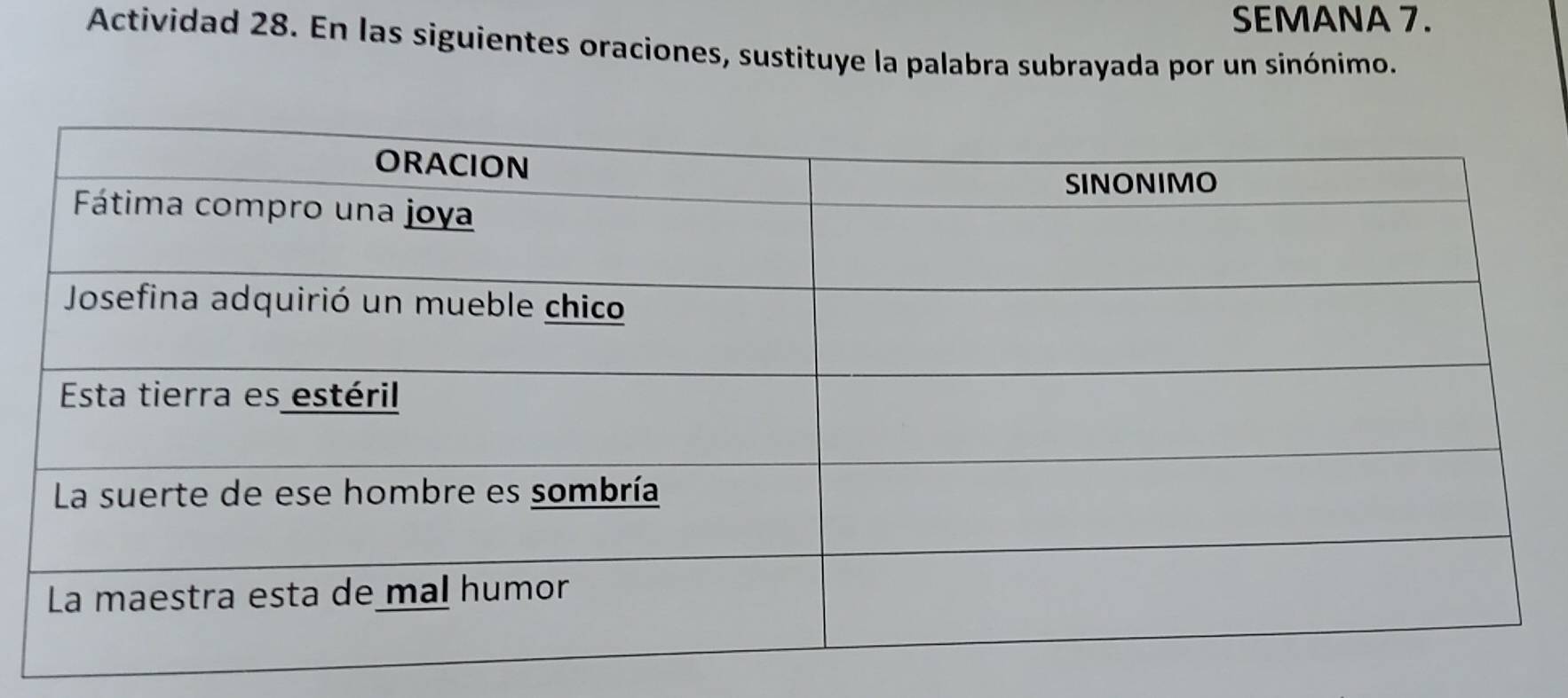 SEMANA 7. 
Actividad 28. En las siguientes oraciones, sustituye la palabra subrayada por un sinónimo.