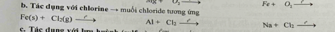 mg+O_2
Fe+ O_2_ 
b. Tác dụng với chlorine → muối chloride tương ứng
Fe(s)+Cl_2(g)xrightarrow r Al+Cl_2xrightarrow r
Na+Cl_2to