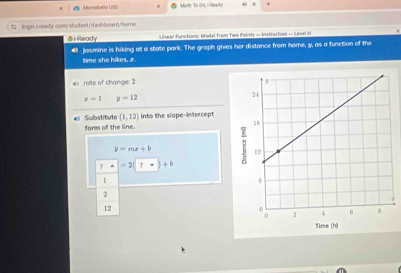 Mondabelio USD × Math To Do, i-Ready x 
login. iready.com/student/dashboard/home 
@i-Ready Linear Functions: Model from Two Points — Instruction — Level H 
4 Jasmine is hiking at a state park. The graph gives her distance from home, y, as a function of the 
time she hikes, z. 
《》 rate of change: 2
z=1 y=12
€ Substitute (1,12) into the slope-intercept 
form of the line.
y=mx+b
? =2(?nabla )+b
1
2
z
12