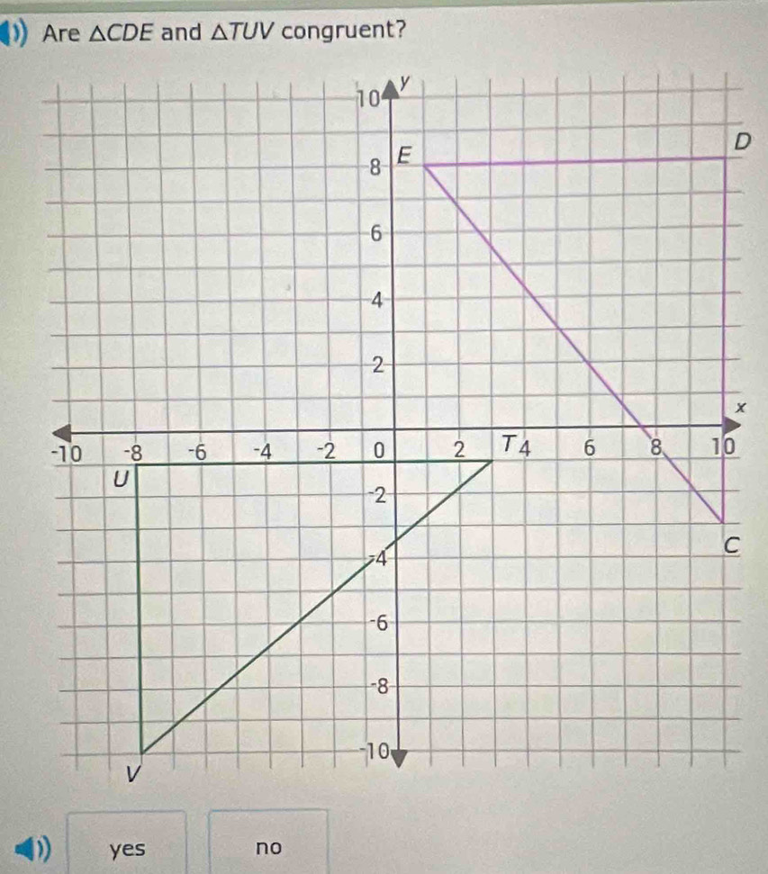 Are △ CDE and △ TUV congruent?
0) yes no