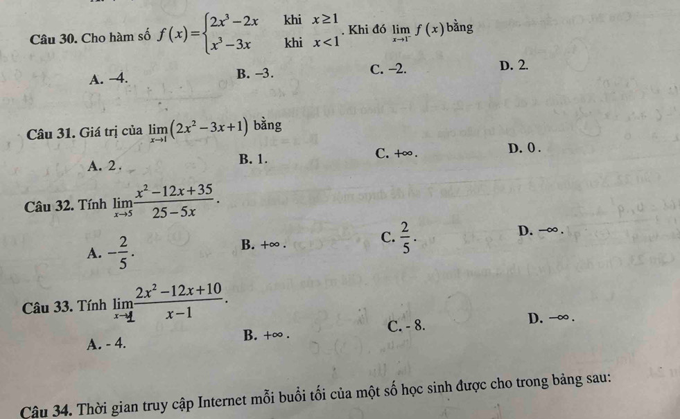 Cho hàm số f(x)=beginarrayl 2x^3-2xkhix≥ 1 x^3-3xkhix<1endarray.. Khi đó limlimits _xto 1^-f(x) bằng
A. -4. B. -3.
C. -2. D. 2.
Câu 31. Giá trị của limlimits _xto 1(2x^2-3x+1) bằng
A. 2. B. 1. C. +∞.
D. 0.
Câu 32. Tính limlimits _xto 5 (x^2-12x+35)/25-5x .
A. - 2/5 . B. +∞. C.  2/5 .
D. −∞.
Câu 33. Tính limlimits _xto 1 (2x^2-12x+10)/x-1 .
A. - 4. B. +∞. C. - 8.
D. −∞.
Câu 34. Thời gian truy cập Internet mỗi buổi tối của một số học sinh được cho trong bảng sau: