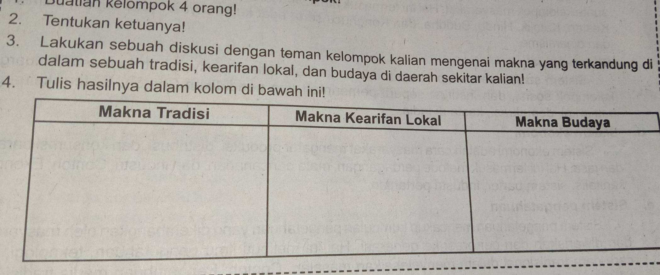 Suatian kelompok 4 orang! 
2. Tentukan ketuanya! 
3. Lakukan sebuah diskusi dengan teman kelompok kalian mengenai makna yang terkandung di 
dalam sebuah tradisi, kearifan lokal, dan budaya di daerah sekitar kalian! 
4. Tulis hasilnya dalam kolom di bawah ini!