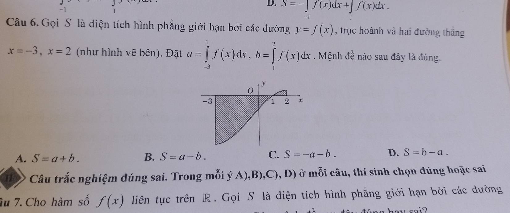 -1
D. S=-∈tlimits _-1f(x)dx+∈tlimits _1f(x)dx. 
1
Câu 6.Gọi S là diện tích hình phẳng giới hạn bởi các đường y=f(x) , trục hoành và hai đường thăng
x=-3, x=2 (như hình vẽ bên). Đặt a=∈tlimits _(-3)^1f(x)dx, b=∈tlimits _1^2f(x)dx. Mệnh đề nào sau đây là đúng.
A. S=a+b. B. S=a-b. C. S=-a-b. D. S=b-a. 
Câu trắc nghiệm đúng sai. Trong mỗi ý A),B),, C ), D) ở mỗi câu, thí sinh chọn đúng hoặc sai
âu 7. Cho hàm số f(x) liên tục trên R. Gọi S là diện tích hình phẳng giới hạn bởi các đường