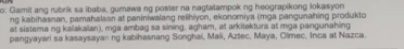 o: Gamit ang rubrik sa ibaba, gumawa ng poster na nagtatampok ng heograpikong lokasyon 
ng kabihasnan, pamahalaan at paniniwalang relihiyon, ekonomiya (mga pangunahing produkto 
at sistema ng kalakalan), mga ambag sa sining, agham, at arkitektura at mga pangunahing 
pangyayari sa kasaysayan ng kabihasnang Songhai, Mali, Aztec, Maya, Olmec, Inca at Nazca.