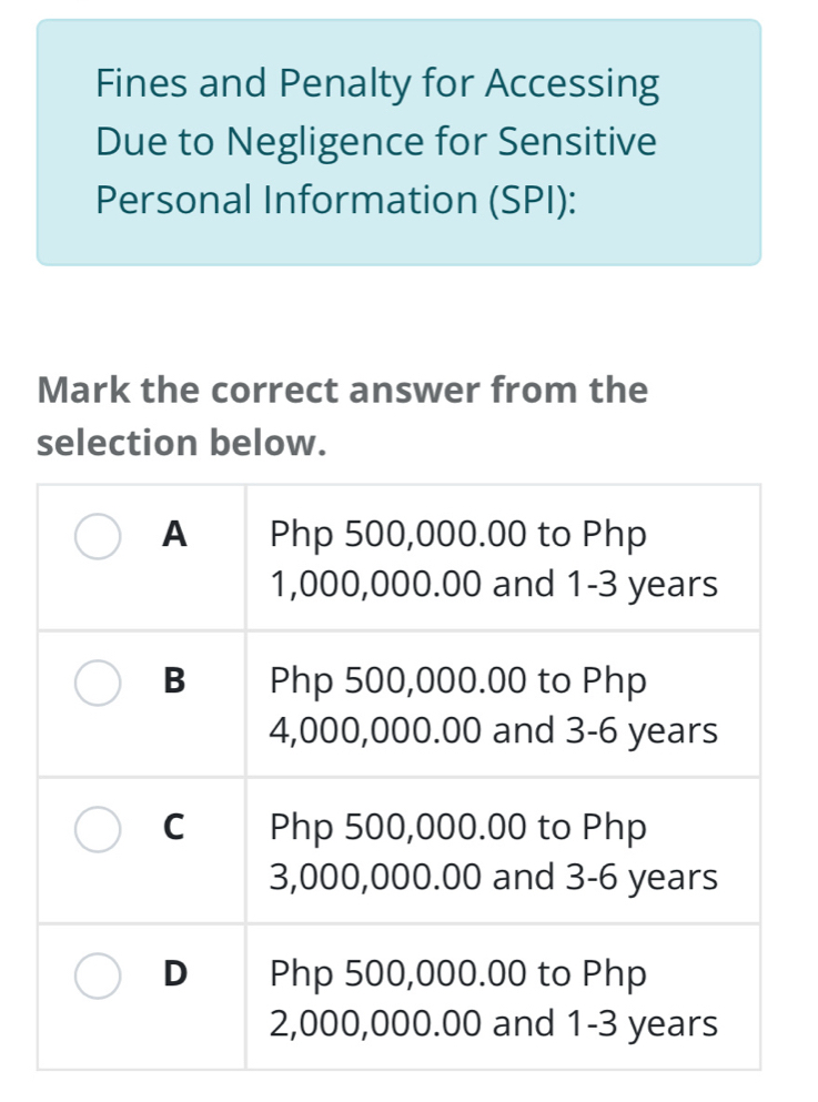 Fines and Penalty for Accessing 
Due to Negligence for Sensitive 
Personal Information (SPI): 
Mark the correct answer from the 
selection below.