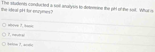 The students conducted a soil analysis to determine the pH of the soil. What is
the ideal pH for enzymes?
above 7, basic
7, neutral
below 7, acidic