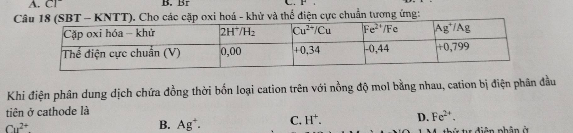 A. CI^- B. Br C.
C oxi hoá - khử và thế điện cực chuẩn tương ứng:
Khi điện phân dung dịch chứa đồng thời bốn loại cation trên với nồng độ mol bằng nhau, cation bị điện phân đầu
tiên ở cathode là
Cu^(2+).
B. Ag^+.
C. H^+. D. Fe^(2+).
đ iện phân ở