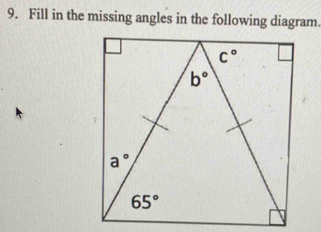 Fill in the missing angles in the following diagram.