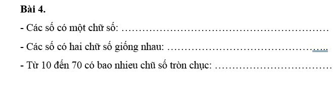 Các số có một chữ số:_ 
- Các số có hai chữ số giống nhau:_ 
- Từ 10 đến 70 có bao nhieu chũ số tròn chục:_