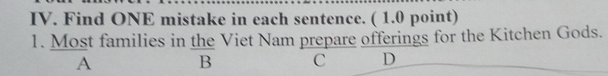 Find ONE mistake in each sentence. ( 1.0 point)
1. Most families in the Viet Nam prepare offerings for the Kitchen Gods.
A
B
C D