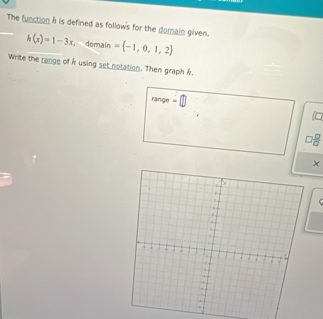 The function h is defined as follows for the domain given.
h(x)=1-3x ， domain = -1,0,1,2
Write the range of h using set notation. Then graph h. 
range =□
□  □ /□  
×