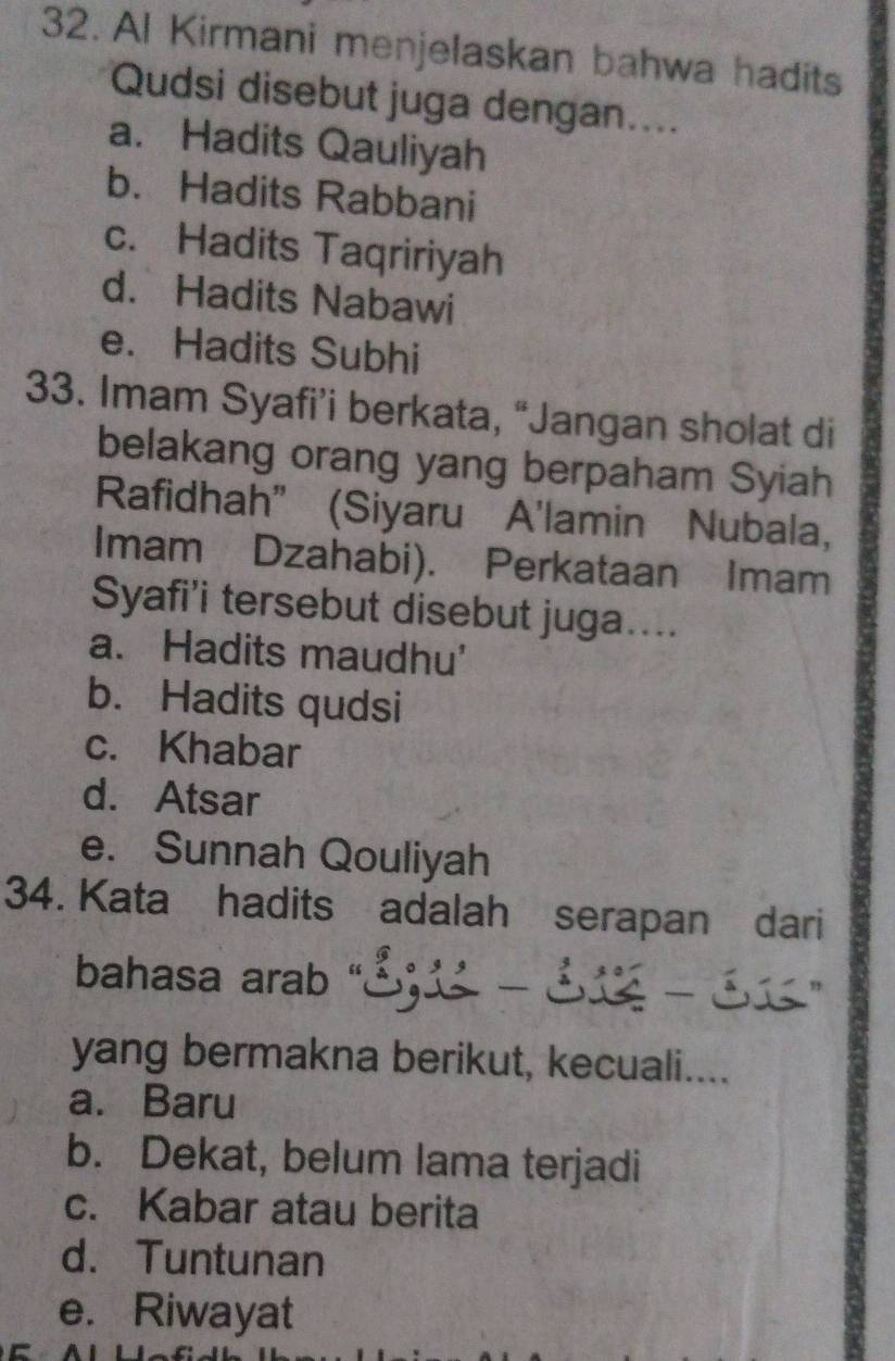 Al Kirmani menjelaskan bahwa hadits
Qudsi disebut juga dengan....
a. Hadits Qauliyah
b. Hadits Rabbani
c. Hadits Taqririyah
d. Hadits Nabawi
e. Hadits Subhi
33. Imam Syafi’i berkata, “Jangan sholat di
belakang orang yang berpaham Syiah
Rafidhah” (Siyaru A'lamin Nubala,
Imam Dzahabi). Perkataan Imam
Syafi'i tersebut disebut juga....
a. Hadits maudhu'
b. Hadits qudsi
c. Khabar
d. Atsar
e. Sunnah Qouliyah
34. Kata hadits adalah serapan dari
bahasa arab
yang bermakna berikut, kecuali....
a. Baru
b. Dekat, belum lama terjadi
c. Kabar atau berita
d. Tuntunan
e. Riwayat