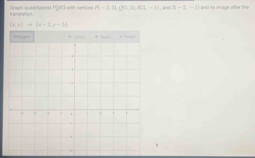 Graph quadrilateral PQRS with vertices P(-2,3), Q(1,2), R(3,-1) , and S(-2,-1) and its image after the 
translation.
(x,y)to (x-2,y-5)