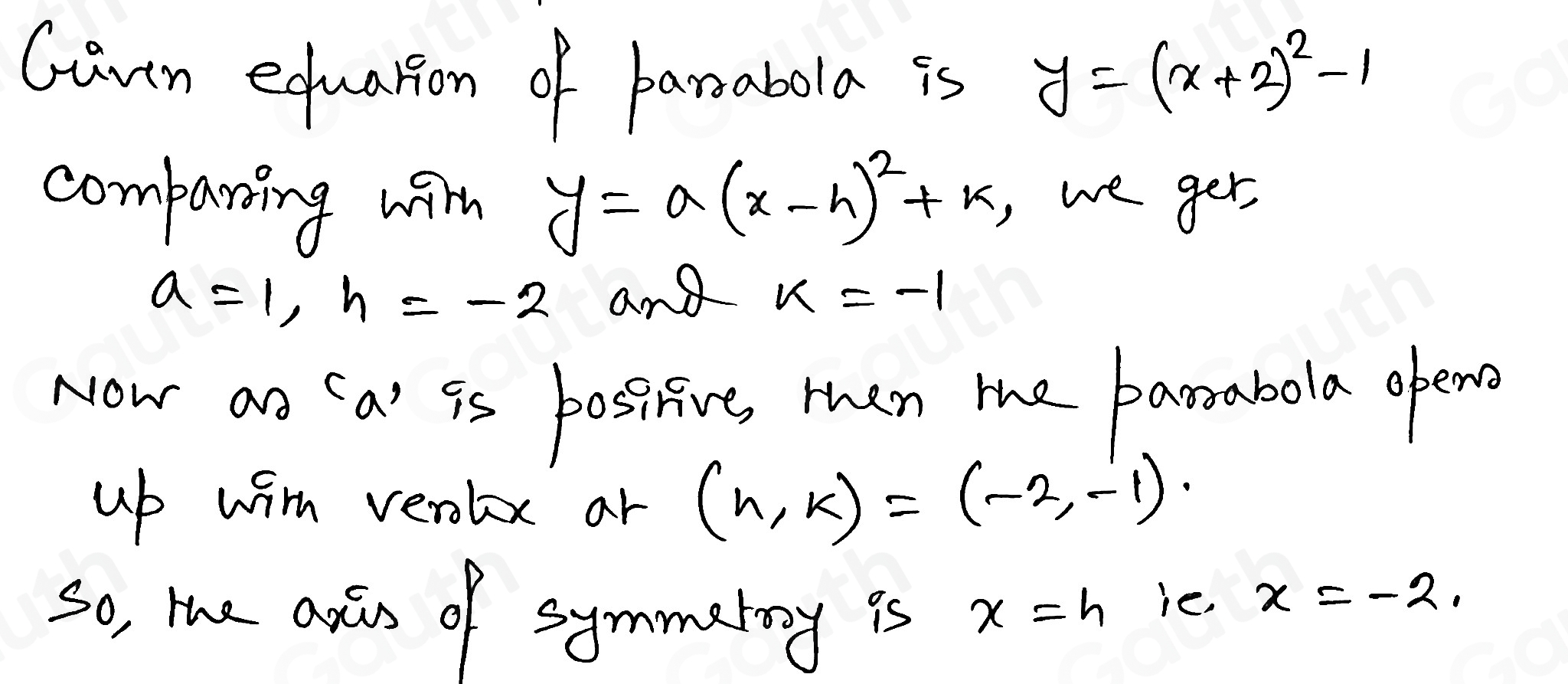 Gunn eduation of bamabola is y=(x+2)^2-1
companing wil y=a(x-h)^2+k ,,we ger,
a=1, h=-2 and k=-1
Now an Ca) is posisive, then the barabola open 
up wim ventox ar (n,k)=(-2,-1)
so, the axis of symmatny is x=h ie.
x=-2.