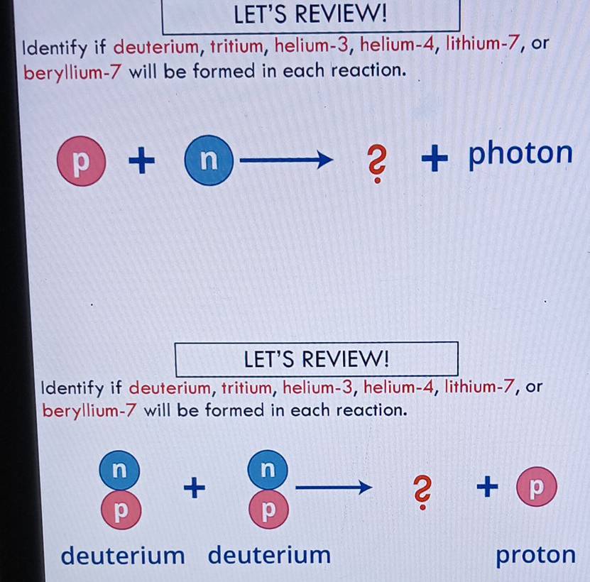 LET'S REVIEW!
Identify if deuterium, tritium, helium- 3, helium- 4, lithium- 7, or
beryllium -7 will be formed in each reaction.
p)+(n) D(1,0)
? + photon
LET'S REVIEW!
Identify if deuterium, tritium, helium- 3, helium- 4, lithium- 7, or
beryllium -7 will be formed in each reaction.
n
n
+
p
p
2 + p
deuterium deuterium proton