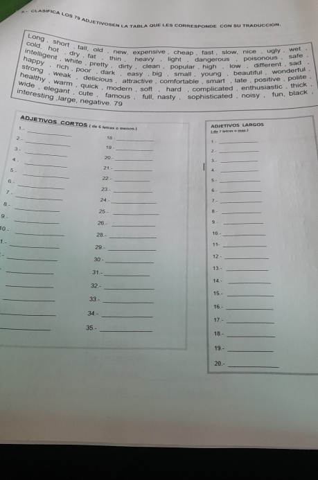 clasifica los 79 adjetivosen la tar a que les corresponde con su traducción
Long , short , tall, old , new, expensive , cheap , fast , slow. nice , ugly , wet .
cold, hot , dry , fat , thin , heavy , light , dangerous , poisonous , sate .
intelligent , white , pretty , dirty , clean , popular , high , low , different , sad
happy , rich , poor , dark , easv , big , small , young , beautiful , wonderful .
strong , weak , delicious , attractive , comfortable smant , late , positive , polite .
healthy , warm , quick , modern , soft , hard , complicated , enthusiastic , thick .
wide , elegant , cute , famous , full, nasty , sophisticated , noisy , fun, black .
interesting large, negative. 79
ADJETIVOS COR TOS ( de 6 letras o menos. )
1 -
_
_
2. __[ de 7 letres a mas.] AdJETIVOS LARGOS
18 .
19 . 2.-
3 _20 -_ 3.-__
_
4. _21 -_
5- _4.-_
_
_
22.-
6 -
5-_
_
7.
23 - _6 .-_
24.- _7.-_
_
8. _25. -
B -_
9 . _26 -
_
9. -_
10.
_28.- _10 -_
J__ _29._
11-_
_30. -_ 12.-_
_
_31 - 13.-_
_
14.-_
32.-
_
_
_33.- 15.。_
_
16.-_
34.-
_
17.-_
_
_35.- _18.-
19.-_
20.-_