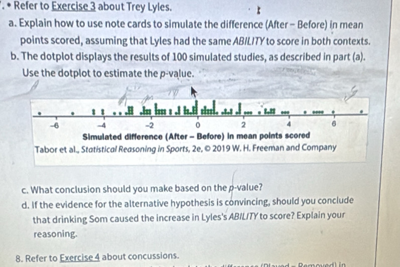 Refer to Exercise 3 about Trey Lyles. 
a. Explain how to use note cards to simulate the difference (After - Before) in mean 
points scored, assuming that Lyles had the same ABILITY to score in both contexts. 
b. The dotplot displays the results of 100 simulated studies, as described in part (a). 
Use the dotplot to estimate the p -value. 
c. What conclusion should you make based on the p -value? 
d. If the evidence for the alternative hypothesis is convincing, should you conclude 
that drinking Som caused the increase in Lyles's ABIL/TY to score? Explain your 
reasoning. 
8. Refer to Exercise 4 about concussions.