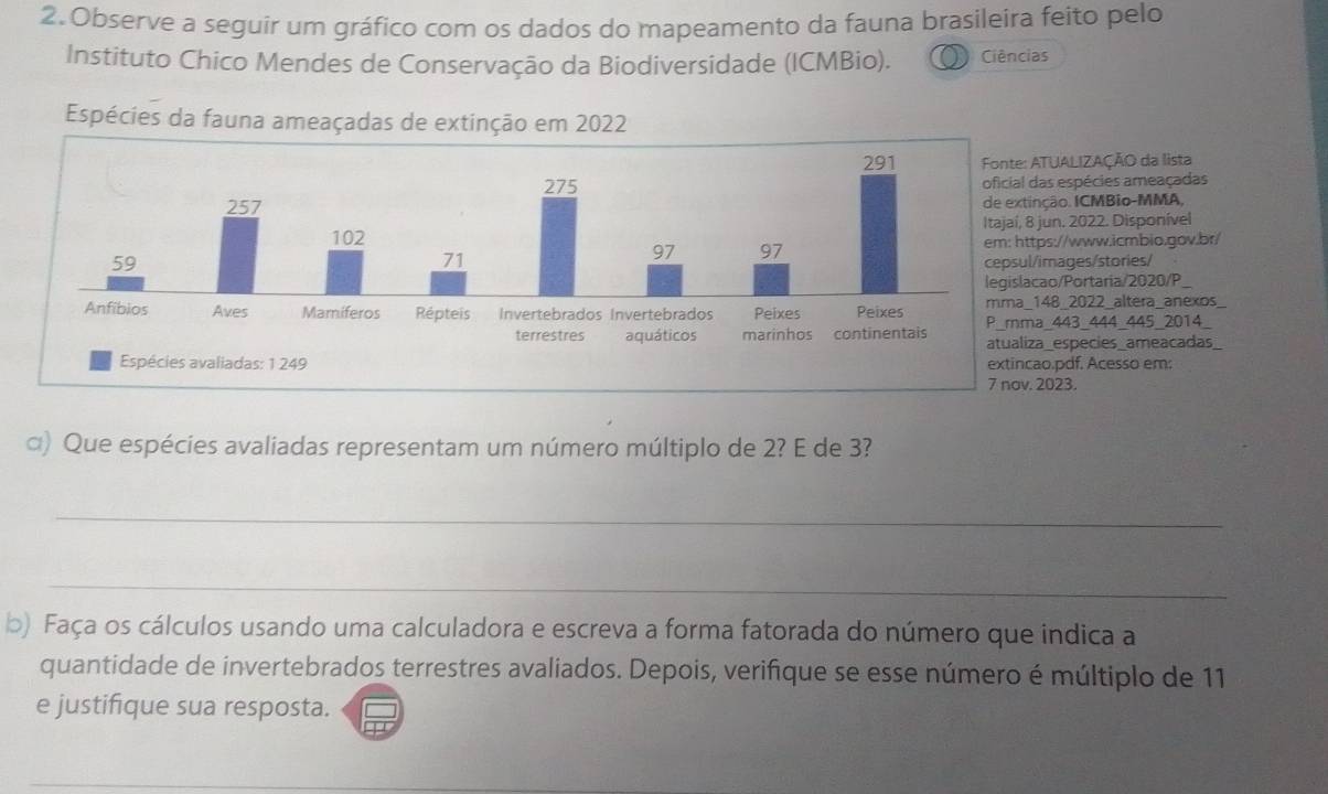 Observe a seguir um gráfico com os dados do mapeamento da fauna brasileira feito pelo 
Instituto Chico Mendes de Conservação da Biodiversidade (ICMBio). Ciências 
ALIZAÇÃO da lista 
spécies ameaçadas 
. ICMBio-MMA, 
2022. Disponível 
/www.icmbio.gov.br/ 
ges/stories/ 
Portaria/2020/P 
2022_altera_anexos 
43_444_445_2014_ 
species_ameacadas 
df. Acesso em: 
7 nov. 2023. 
α) Que espécies avaliadas representam um número múltiplo de 2? E de 3? 
_ 
_ 
b) Faça os cálculos usando uma calculadora e escreva a forma fatorada do número que indica a 
quantidade de invertebrados terrestres avaliados. Depois, verifique se esse número é múltiplo de 11
e justifique sua resposta.