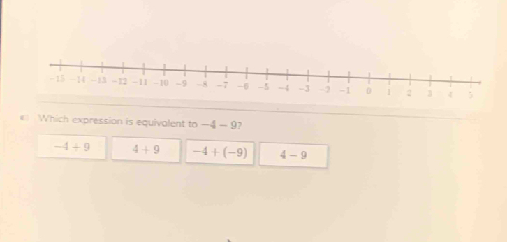 Which expression is equivalent to -4-9 7
-4+9 4+9 -4+(-9) 4-9