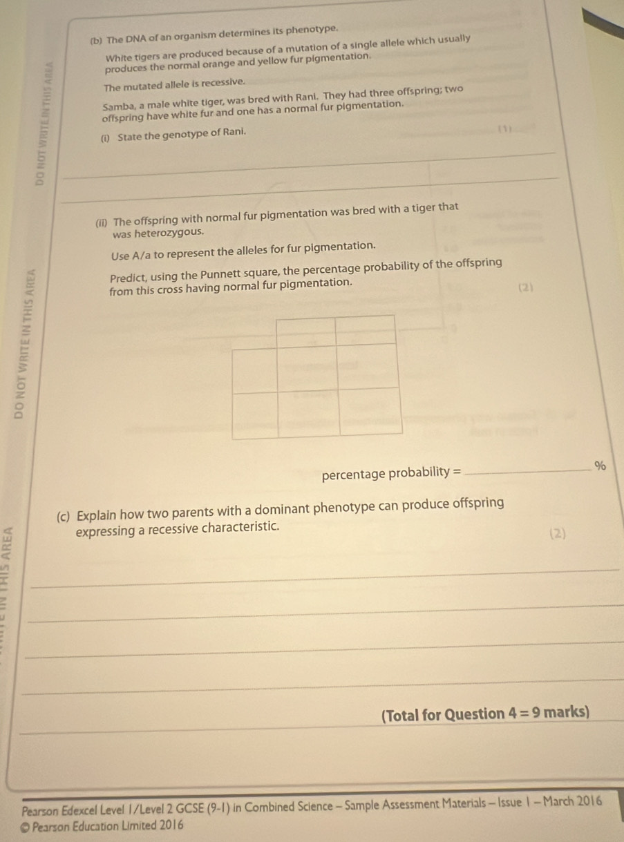 The DNA of an organism determines its phenotype. 
White tigers are produced because of a mutation of a single allele which usually 
produces the normal orange and yellow fur pigmentation. 
The mutated allele is recessive. 
= _offspring have white fur and one has a normal fur pigmentation._ 
Samba, a male white tiger, was bred with Rani. They had three offspring; two 
(i) State the genotype of Rani. 
_ 
_ 
_ 
_ 
(ii) The offspring with normal fur pigmentation was bred with a tiger that 
was heterozygous. 
Use A/a to represent the alleles for fur pigmentation. 
= 
Predict, using the Punnett square, the percentage probability of the offspring 
from this cross having normal fur pigmentation. 
(2) 
_% 
percentage probability = 
(c) Explain how two parents with a dominant phenotype can produce offspring