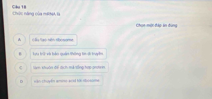 Chức năng của mRNA là
Chọn một đáp án đùng
A cầu tạo nên ribosome.
B lưu trữ và bảo quản thông tin di truyền.
C làm khuôn đế dịch mã tổng hợp protein.
D vận chuyến amino acid tới ribosome.