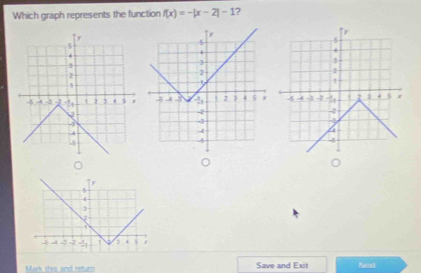 Which graph represents the function f(x)=-|x-2|-1 2
0
y
5
4
3
2
-5 4 -3 -2 -1 1 a 4 5
Mark this and return Save and Exit Next