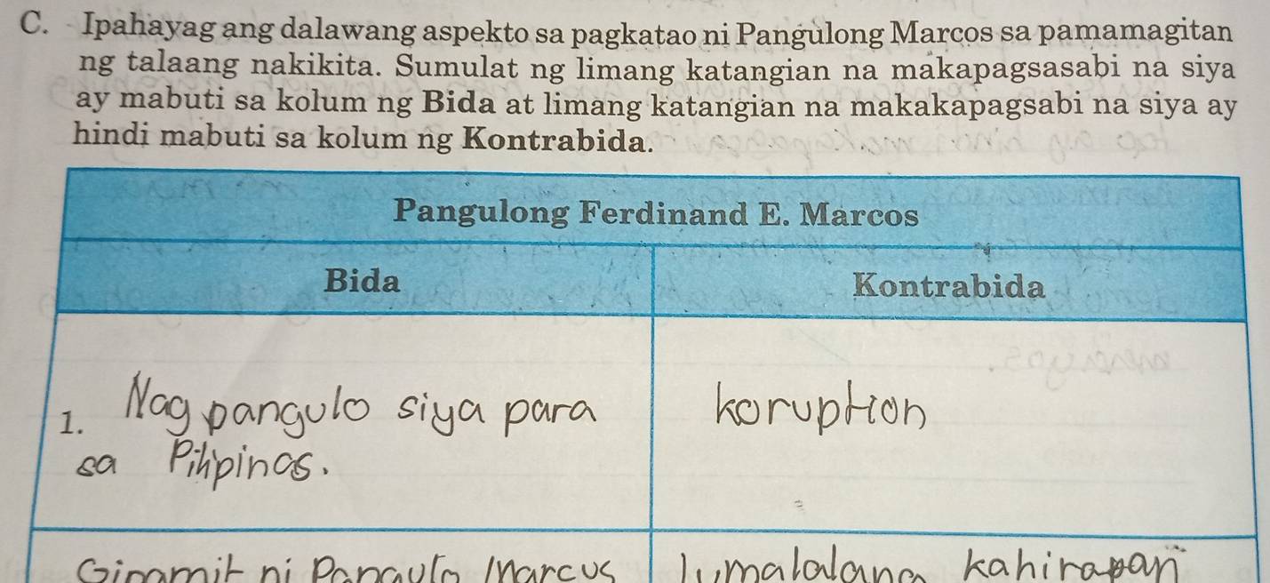 Ipahayag ang dalawang aspekto sa pagkatao ni Pangulong Marcos sa pamamagitan 
ng talaang nakikita. Sumulat ng limang katangian na makapagsasabi na siya 
ay mabuti sa kolum ng Bida at limang katangian na makakapagsabi na siya ay 
hindi mabuti sa kolum ng Kontrabida.