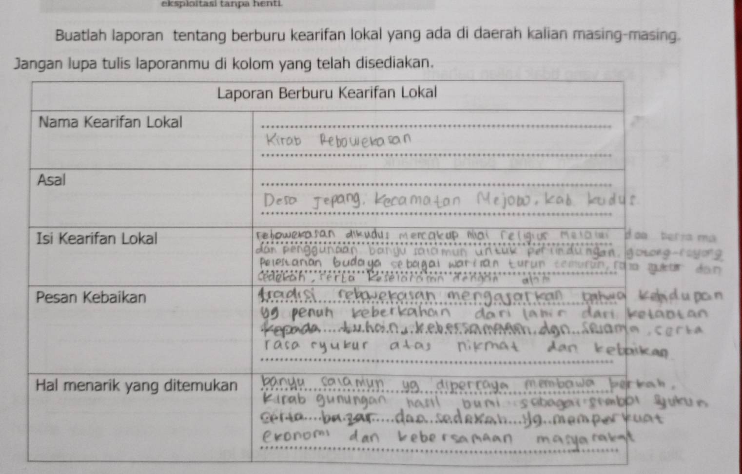 eksploitasí tanpa henti 
Buatlah laporan tentang berburu kearifan lokal yang ada di daerah kalian masing-masing. 
Jis laporanmu di kolom yang telah disediakan.