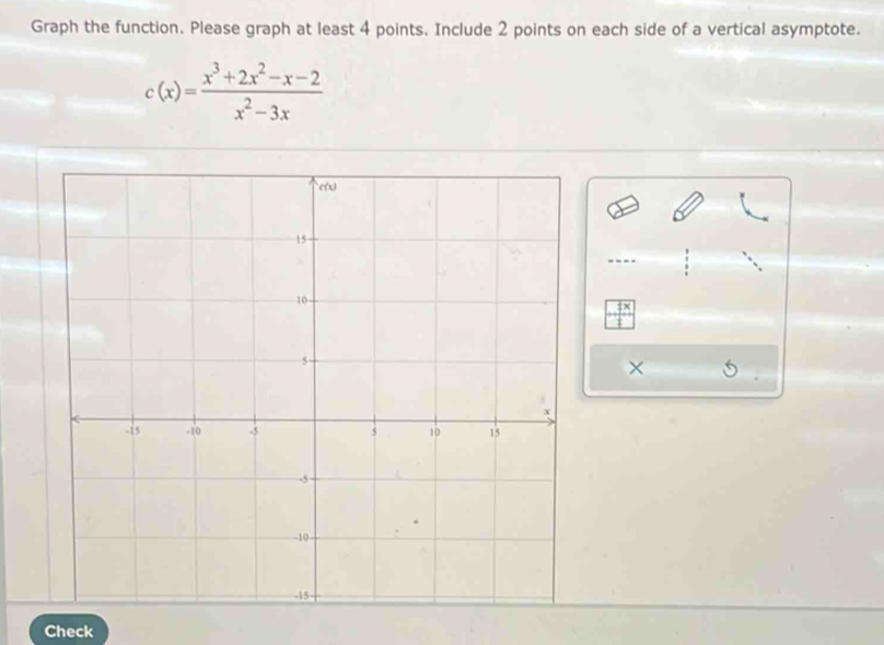 Graph the function. Please graph at least 4 points. Include 2 points on each side of a vertical asymptote.
c(x)= (x^3+2x^2-x-2)/x^2-3x 
 7x/1 
×
Check