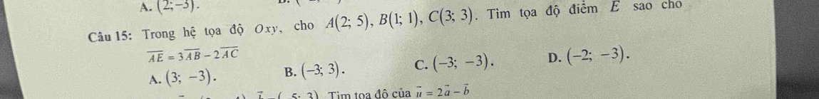 A. (2;-3). 
Câu 15: Trong hệ tọa độ Oxy, cho A(2;5), B(1;1), C(3;3). Tìm tọa độ điểm E sao cho
overline AE=3overline AB-2overline AC
A. (3;-3). B. (-3;3). C. (-3;-3). D. (-2;-3).
vector i(5,3) Tìm toa đô của vector u=2vector a-vector b