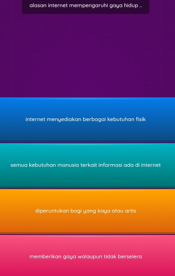 alasan internet mempengaruhi gaya hidup ..
internet menyediakan berbagai kebutuhan fisik
semua kebutuhan manusia terkait informasi ada di internet
diperuntukan bagi yang kaya atau artis
memberikan gaya walaupun tidak berselera