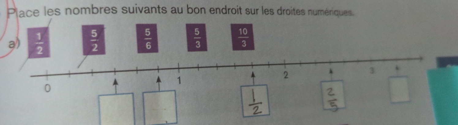 Place les nombres suivants au bon endroit sur les droites numériques. 
ə)  1/2   5/2   5/6 
 5/3 
 10/3 