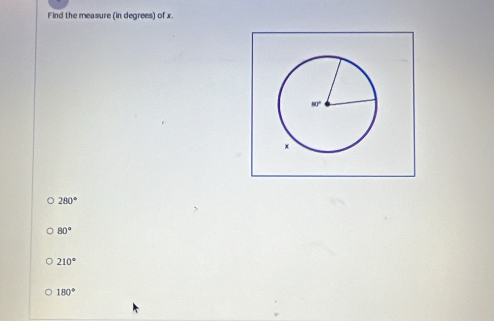 Find the measure (in degrees) of x.
280°
80°
210°
180°