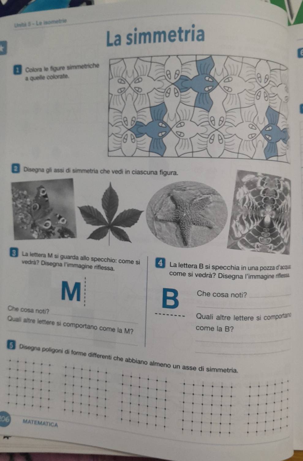 Uniti 5 - Le isometrie 
La simmetria 
Colora le figure simmetrich 
a quelle colorate. 
Disegna gli assi di simmetria che vedi in ciascu 
La lettera M si guarda allo specchio: come si 4 La lettera B si specchia in una pozza d'acqui 
vedrà? Disegna l'immagine riflessa. 
come si vedrà? Disegna l'immagine riflessa. 
M 
_B 
Che cosa noti?_ 
_ 
Che cosa noti? 
Quali altre lettere si comportano 
_ 
_ 
Quali altre lettere si comportano come la M? 
come la B? 
Disegna poligoni di forme differenti che abbiano almeno un asse di simmetria. 
206 MATEMATICA