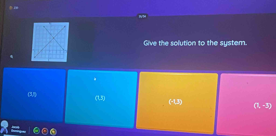 230
31/34
Give the solution to the system.
(3,1)
(1,3)
(-1,3)
(1,-3)
Jacob
Dam