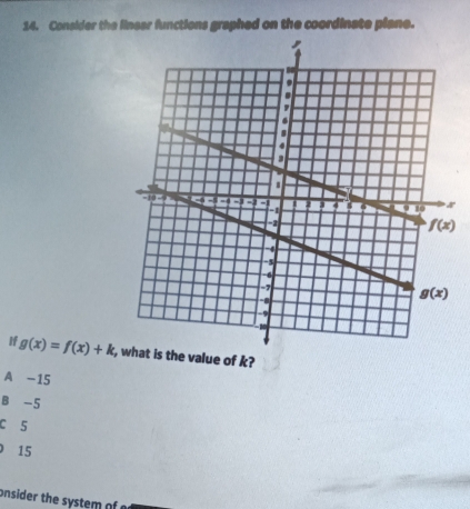 Consider the lineer functions graphed on the coordinate plane.
If g(x)=f(x)+k , what is the value of k?
A -15
B -5
c 5
0 15
onsider the system of