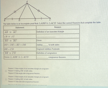 Select the correct Reasons that complete the table.
Statement Reason
overline AB≌ overline AC Definition of an isosceles triangle
∠ B≌ ∠ C
_
overline BD≌ overline EC Given
BD+DE=EC+DE Adding _to both sides
BE=CD Segment Addition Postulate
overline BE≌ overline CD Definition of congruence
Hence △ ABE≌ △ ACD _congruence theorem
Reason 4: Adding .D.E to both sides. Reason 2: Base angles of an isosceles trangle are congruent
Reason (: Side-angle-side congruence theorem
Reason 4 Adding B.D to both sides. Reason 2: Base angles of an isosceles triangle are congruent
Reason 6. Side-side-side congruence theorem