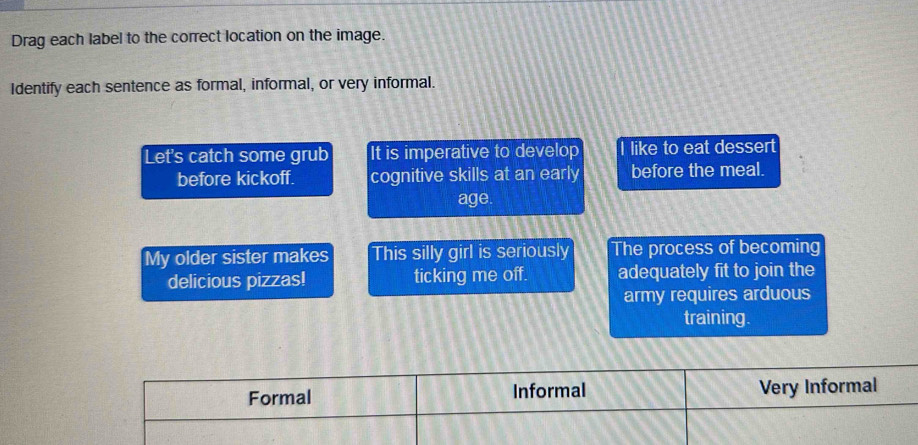 Drag each label to the correct location on the image.
Identify each sentence as formal, informal, or very informal.
Let's catch some grub It is imperative to develop like to eat dessert
before kickoff. cognitive skills at an early before the meal.
age.
My older sister makes This silly girl is seriously The process of becoming
delicious pizzas! ticking me off. adequately fit to join the
army requires arduous
training.
Formal Informal Very Informal