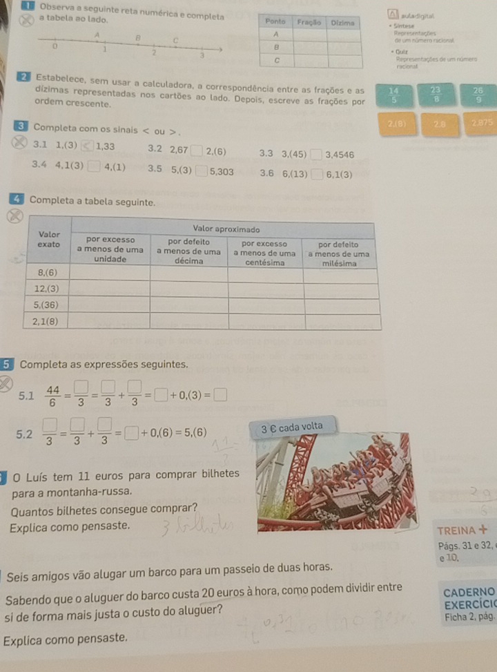 Observa a seguinte reta numérica e completa  i suladigital
a
a tabela ao lado.
* Arite==
Recresentações
de um número racional
* Cuir
Representações de um númers
racional
a Estabelece, sem usar a calculadora, a correspondência entre as frações e as  14/5   23/8   26/9 
dízimas representadas nos cartões ao lado. Depois, escreve as frações por
ordem crescente.
2,(8) 2.8 2,875
Completa com os sinais < ou > .
X 3.1 1,(3) 1,33 3.2 2,67 2,(6) 3.3 3,(45) 3,4546
3.4 4,1(3) 4,(1) 3.5 5,(3) 5,303 3.6  6,(13) 6,1(3)
Completa a tabela seguinte.
5 Completa as expressões seguintes.
5.1  44/6 = □ /3 = □ /3 + □ /3 =□ +0,(3)=□
5.2  □ /3 = □ /3 + □ /3 =□ +0,(6)=5,(6)
O Luís tem 11 euros para comprar bilhetes
para a montanha-russa.
Quantos bilhetes consegue comprar?
Explica como pensaste. TREINA
Págs. 31 e 32, 
e 10.
Seis amigos vão alugar um barco para um passeio de duas horas.
Sabendo que o aluguer do barco custa 20 euros à hora, como podem dividir entre CADERNO
si de forma mais justa o custo do aluguer? exercício
Ficha 2, pág.
Explica como pensaste.