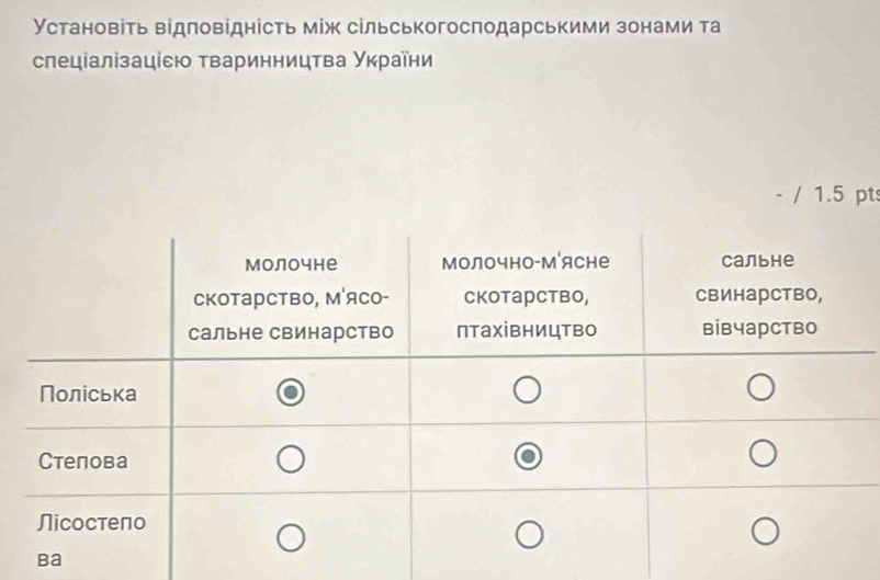 Установіть відповідність між сільськогосподарськими зонами та 
слеціалізаціεю τваринництва Уκраїни 
- / 1.5 pt